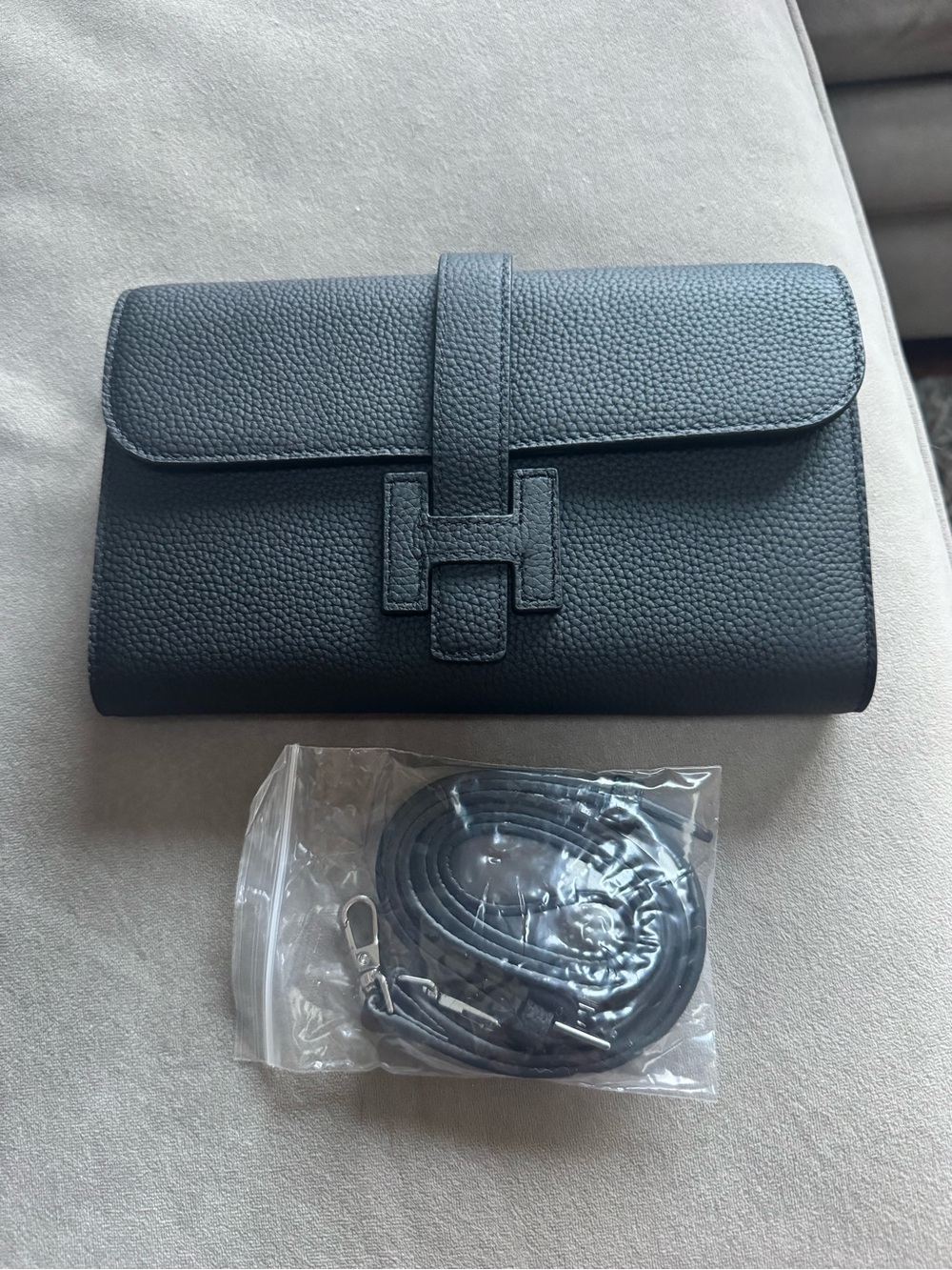 Textured Black Leather Clutch with Strap H Jige NEW!!